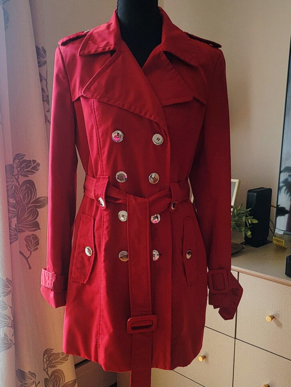 Calvin Klein Red Double Breasted Belted Trench Coat CWSNO3029 Medium